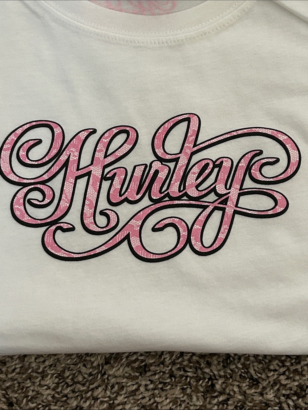 NWOT Hurley 100% Cotton Vintage White Tee with Pink Script Logo | Size L